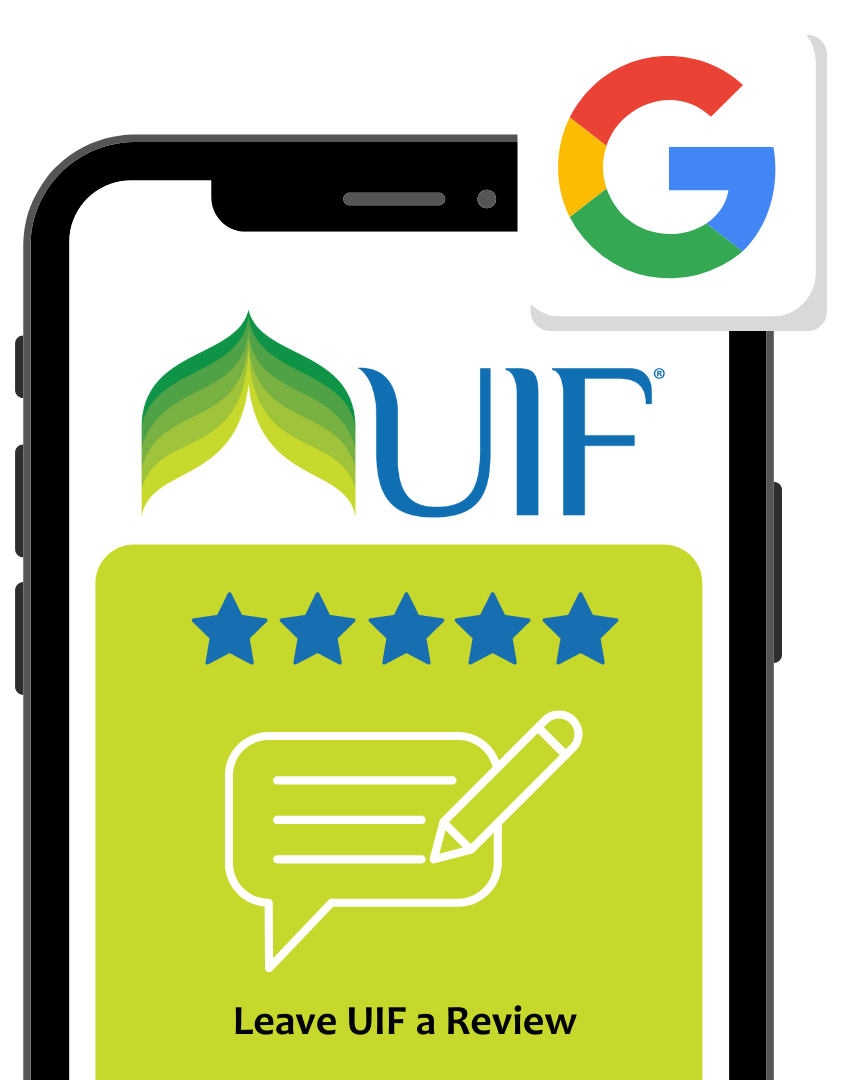 cell phone with UIF logo and review icon
