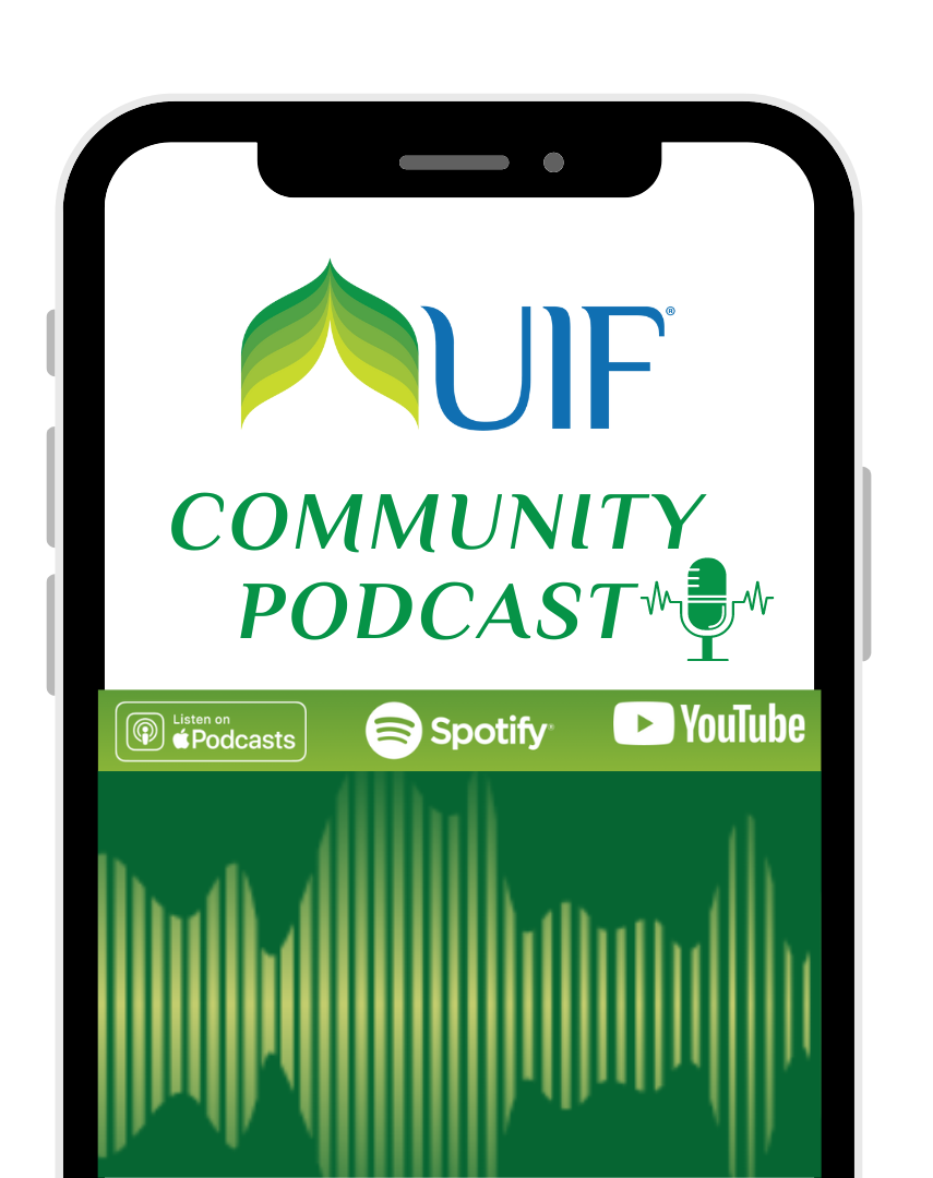 cell phone with UIF logo and podcast icons
